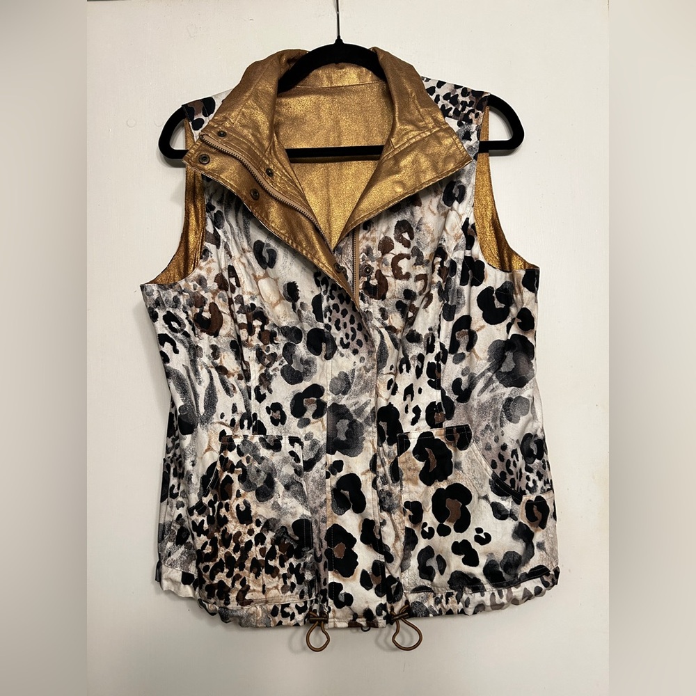 Reversible Gold Metallic & Leopard Print Vest Zip Front Lightweight Jacket S/M